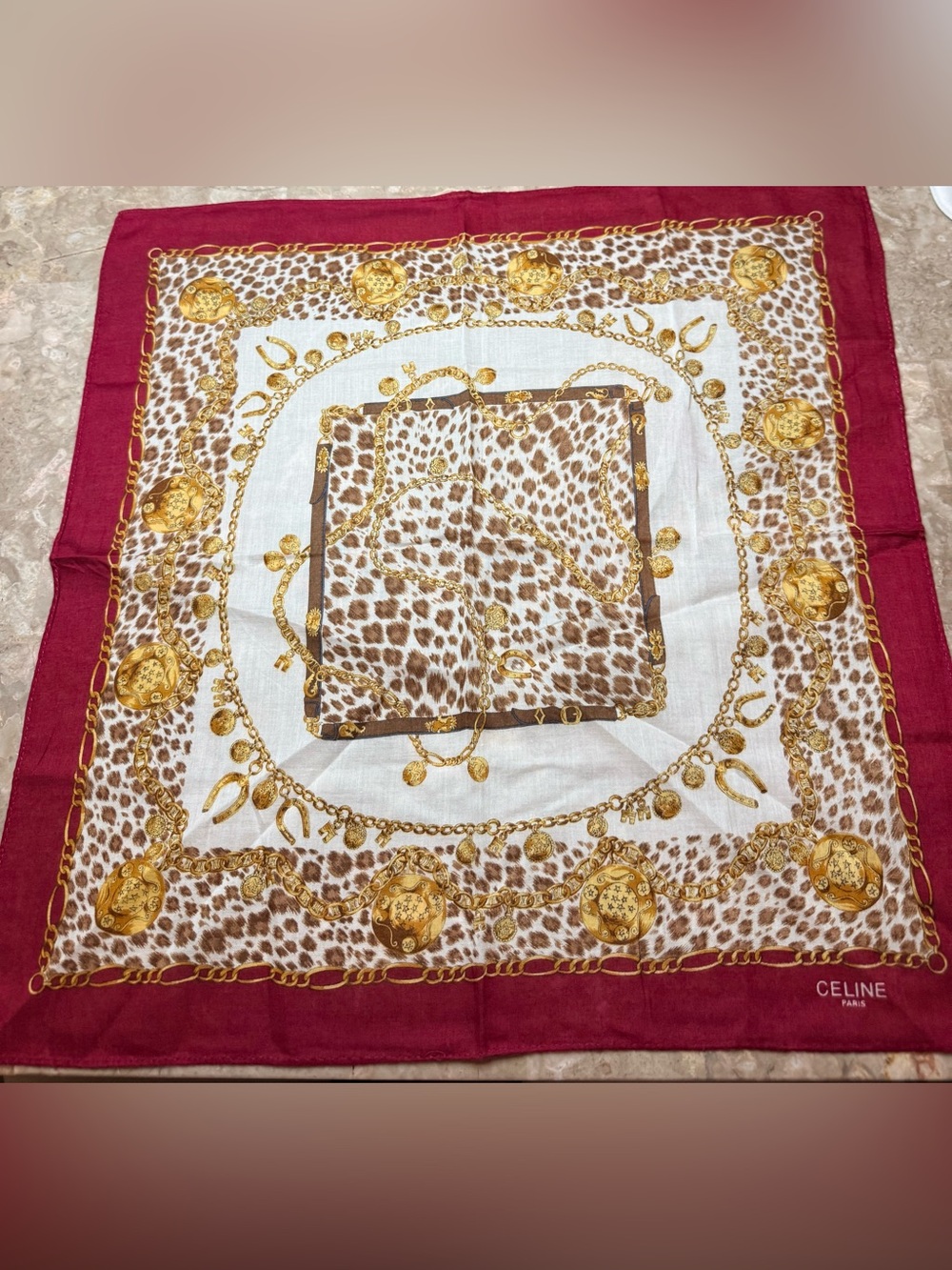 Celine Leopard & Gold Chain Scarf with Red Border